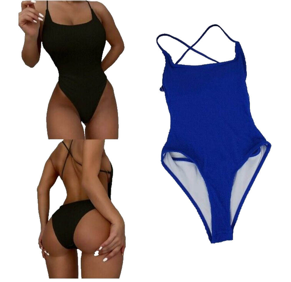 Shein Womens Textured One Piece Swimsuit Size S Blue Plunging Low Back High Hips